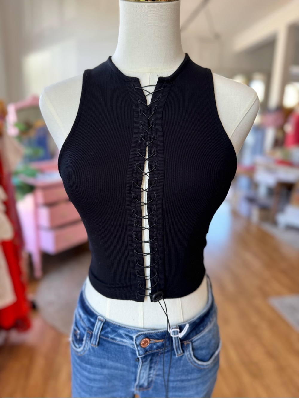 Joah brown Lace-Up Ribbed Crop Tank Top